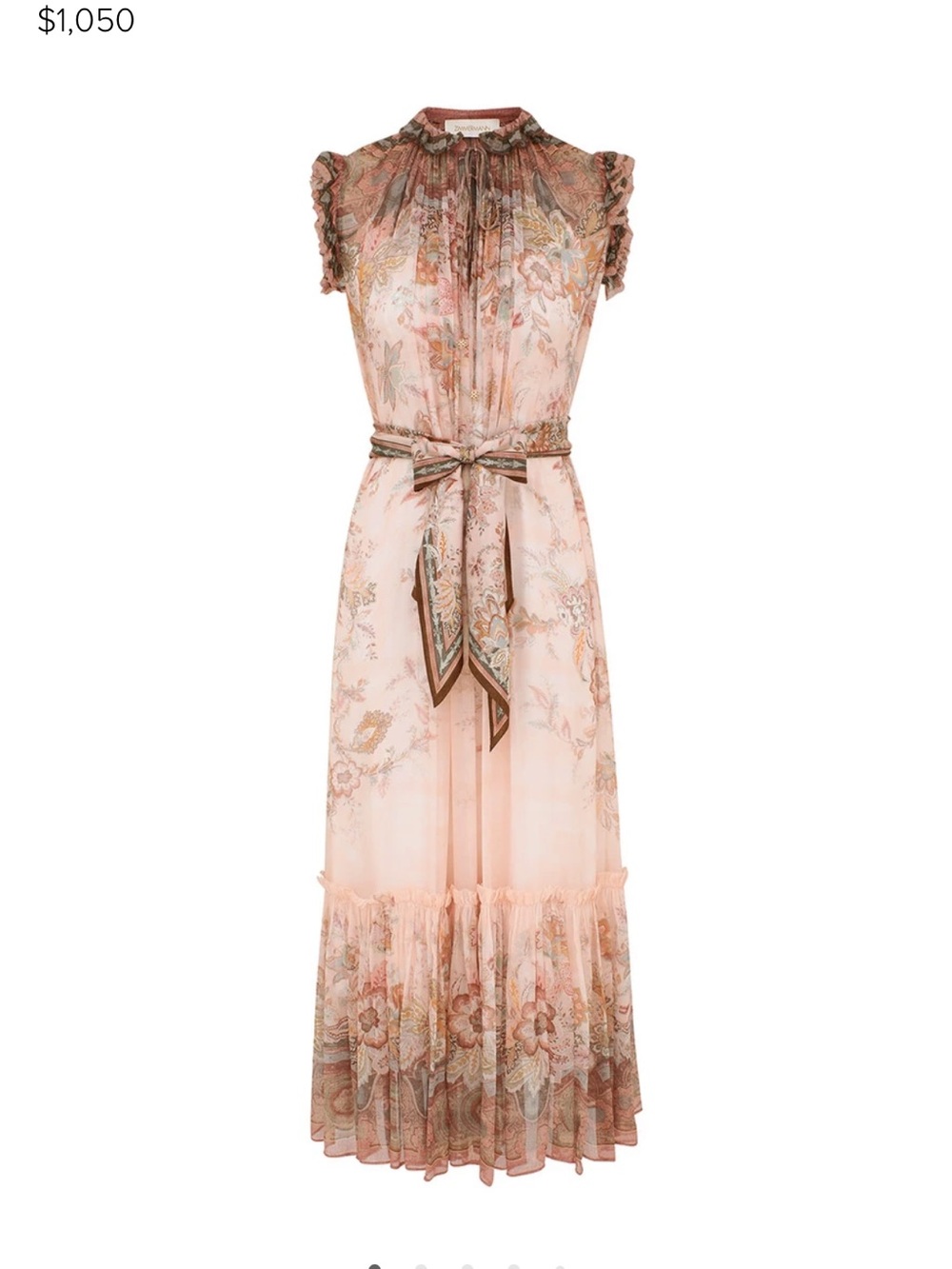Zimmermann Blush Floral Ruffled Maxi Dress with Tie Waist